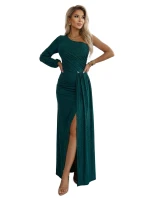 658-2 Třpytivé maxi šaty na jedno rameno s asymetrickými rukávy a rozparkem - lahvově zelené