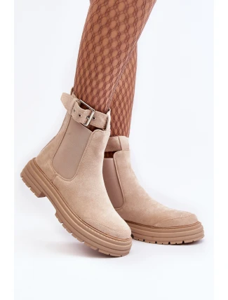 Kůže Botky Sztyblety Na Masivní Podrážce Světle Béžové Ozaro