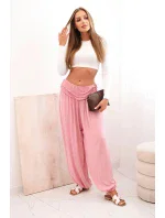 Dámské viskózové kalhoty s širokými nohavicemi a volánky tmavě růžová