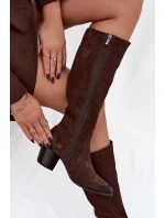 Kožené semišové kozačky na podpatku s přezkou Vyhřívané Zazoo 70156 Čokoládové