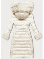 Dámský péřový kabát v barvě ecru se zapínáním na knoflíky (5M3160/1-254)