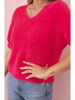 Dámský svetr z měkkého chloupku s V výstřihem krátký rukáv fuchsie