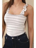 Dámská žebrovaná pruhovaná halenka na ramínkách s volánkem šedá