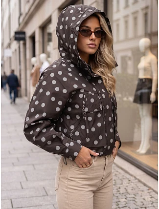 Dámská přechodová bunda s puntíky a kapucí, hnědá, FashionStreet TY6036 Dámská přechodová bunda s puntíky a kapucí, hnědá, FashionStreet TY6036