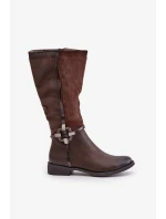 Zateplené Kozačky Na Plochém Podpatku S Ozdobnou Přezkou Hnědé Leatharia