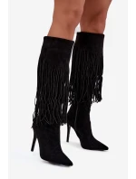 Dámské kozačky na jehlovém podpatku s třásněmi černé Isalune