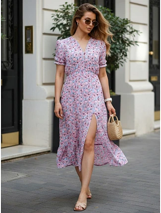 Dámské midi šaty s květinovým vzorem modré FashionStreet EY2660 Dámské midi šaty s květinovým vzorem modré FashionStreet EY2660
