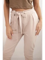 Dámské kalhoty z bavlny s vázáním v pase a zúženými nohavicemi béžové