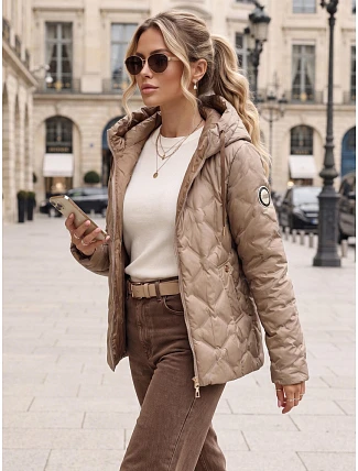 Dámská prošívaná přechodová bunda s kapucí, béžová, FashionStreet TY5882 Dámská prošívaná přechodová bunda s kapucí, béžová, FashionStreet TY5882