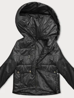 Krátká černá dámská bunda s kapucí (B8216-1)