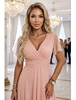 635-7 MELANIA dlouhé třpytivé svatební šaty s výstřihem a krátkými rukávy - broskvová barva 635-7 MELANIA dlouhé třpytivé svatební šaty s výstřihem a krátkými rukávy - broskvová barva