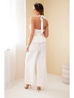 Dámský viskózový komplet vázaný top a kalhoty se širokými nohavicemi ecru