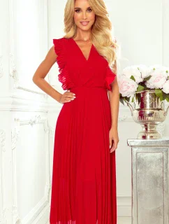 EMILY - Červené dámské plisované šaty s volánky a výstřihem 315-3