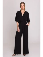 S395 Kombinéza s širokými nohavicemi a zavinovacím výstřihem - černá S395 Kombinéza s širokými nohavicemi a zavinovacím výstřihem - černá
