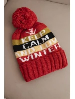 Dámská zimní čepice s vlnou a nápisem s velkým bambulí K422 malinová