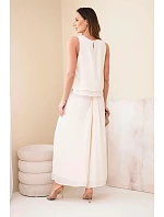 Dámský komplet s viskózou, top bez rukávů a kalhoty se širokou nohavicí a ozdobným zakončením béžový