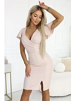479-13 NINA elegantní šaty s obálkovým výstřihem, rukávy a páskem - béžové se třpytkami