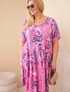 Dámské viskózové šaty ve velikosti Plus Size s krátkým rukávem a paisley vzorem tmavě růžová