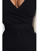 479-9 NINA elegantní šaty s obálkovým výstřihem, rukávy a páskem - ČERNÁ 479-9 NINA elegantní šaty s obálkovým výstřihem, rukávy a páskem - ČERNÁ