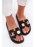 Dámské Pantofle S Mašlí A Zlatou Broží Černé Lynara