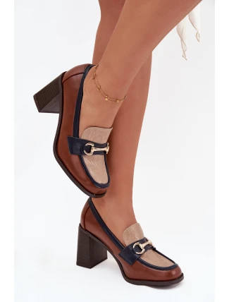 Dámské polobotky na podpatku s rytím a zlatým detailem béžovo-hnědé Novella