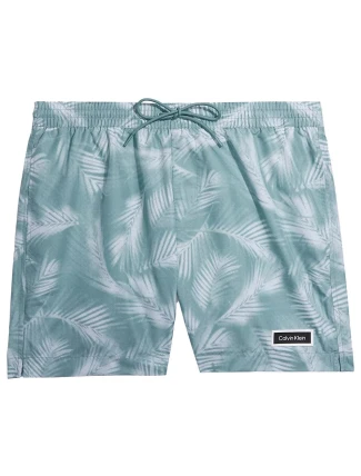 Pánské plavecké šortky se stahovací šňůrkou KM0KM00813 0H8 zelená-vzor - Calvin Klein Pánské plavecké šortky se stahovací šňůrkou KM0KM00813 0H8 zelená-vzor - Calvin Klein