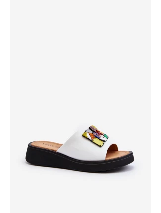 Dámské kožené pantofle na platformě s ozdobou Béžové Monroe