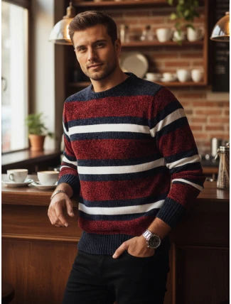 Pánský pruhovaný červený svetr FashionStreet WX2264 Pánský pruhovaný červený svetr FashionStreet WX2264