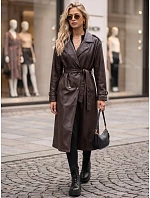 Dlouhý dámský dvouřadý kabát s páskem, tmavě hnědý, FashionStreet NY0781