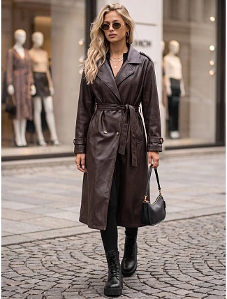 Dlouhý dámský dvouřadý kabát s páskem, tmavě hnědý, FashionStreet NY0781