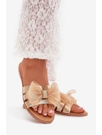 Dámské pantofle na nízkém podpatku s tylovou mašlí – zlaté