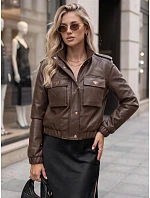 Dámská kožená bomber bunda na přechodné období, hnědá, FashionStreet TY5874 Dámská kožená bomber bunda na přechodné období, hnědá, FashionStreet TY5874