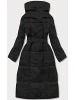 Černý dámský zimní kabát s páskem (2M-061)