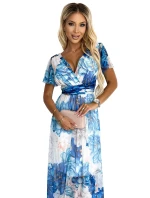 489-2 CINZIA Šaty s výstřihem, dlouhým zavazováním v pase a krátkými rukávy - modré LARGE FLOWERS - síťovina