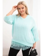 Dámská souprava svetr s výstřihem do V a viskózová blůza s krajkovým lemem mátová