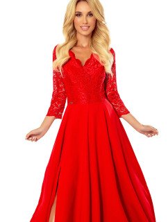 309-3 AMBER elegancka koronkowa długa suknia z dekoltem - CZERWONA