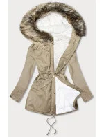 Béžová dámská zimní bunda typu parka s mechovitou kožešinovou podšívkou a s kapucí (7602BIG)