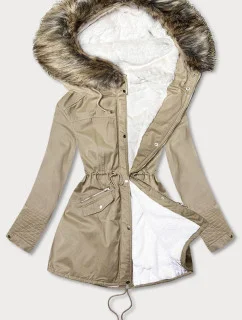 Béžová dámská zimní bunda typu parka s mechovitou kožešinovou podšívkou a s kapucí (7602BIG)