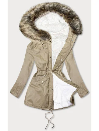 Béžová dámská zimní bunda typu parka s mechovitou kožešinovou podšívkou a s kapucí (7602BIG)
