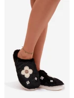 Dámské papuče s kožíškem a květinkami – černé Selinne