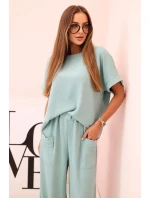 Komplet z viskózy halenka + kalhoty tmavá máta