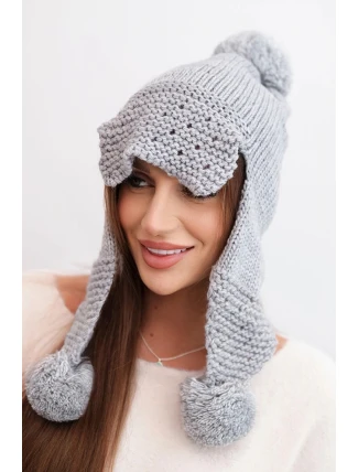 Dámská zimní čepice s vlnou, kšiltem a bambulemi K475 světle šedá