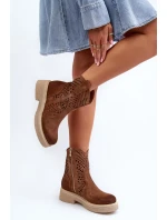 Zazoo Semišové dámské boty na plochých podpatcích, prolamované hnědé