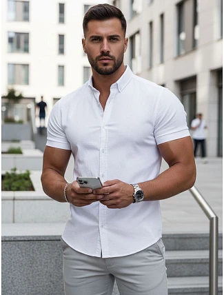 Pánská košile s krátkým rukávem, střih regular fit, bílá, FashionStreet KX1097 Pánská košile s krátkým rukávem, střih regular fit, bílá, FashionStreet KX1097
