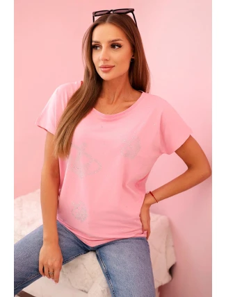 Dámská blůza s krátkým rukávem a zirkony světle růžová