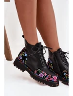 Kožené dámské kotníkové boty s květinami zateplené Artiker 57C0180 Černé