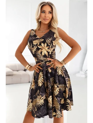114-18 Černé midi šaty s elegantním horním dílem a rozšířenou spodní částí - zlaté listy 114-18 Černé midi šaty s elegantním horním dílem a rozšířenou spodní částí - zlaté listy