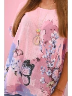 Dámská bavlněná košile s motýly a květinami bonbónově růžová