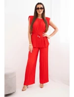 Dámský viskózový plisovaný komplet s vázanou halenkou a širokými kalhotami červený