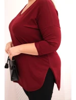Dámská bavlněná blůza Plus Size s výstřihem do V a ohrnutým rukávem bordová